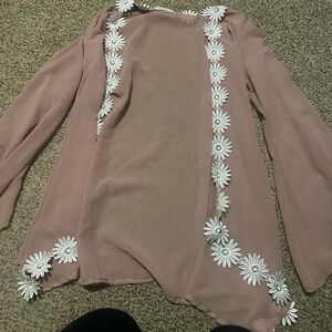 Pink Sheer Cardigan with White Floral Trim